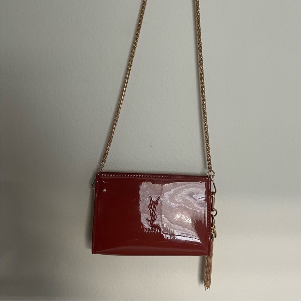 Yves Saint Laurent patent Glossy Red Brown Bag purse gold chain tassel rare logo - Picture 4 of 8